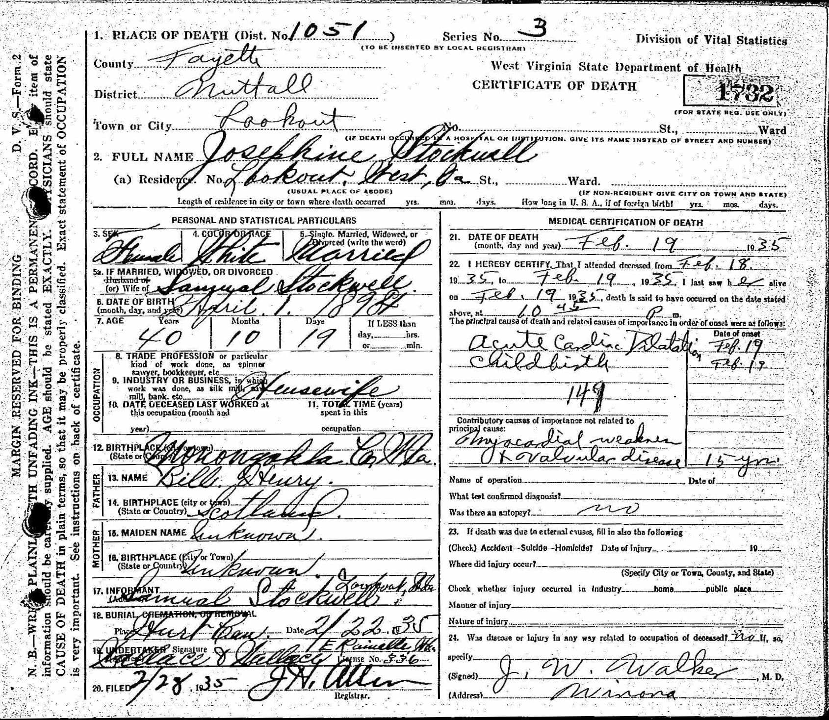 Henry, Josephine Death Cert